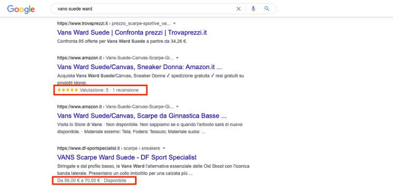 Dati strutturati esempio SERP prodotto