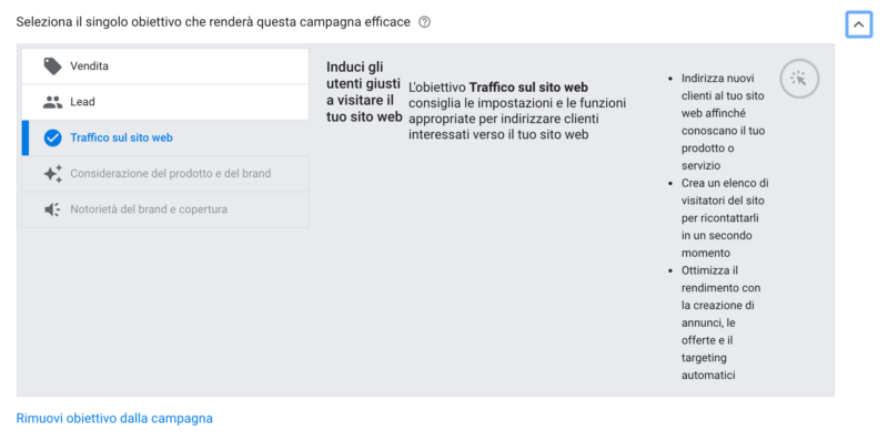 Impostazione obiettivo in Google Ads
