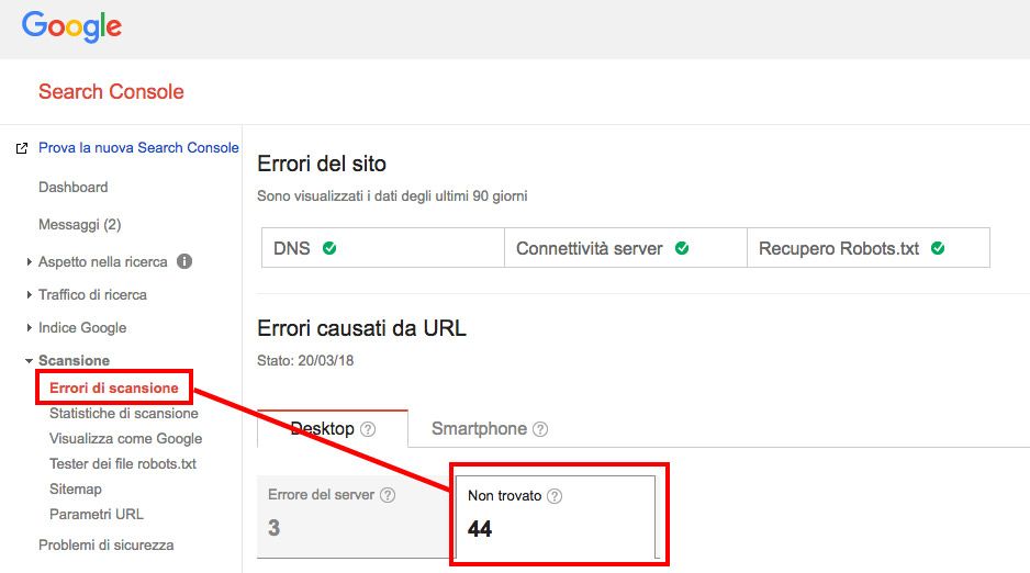 search console errori