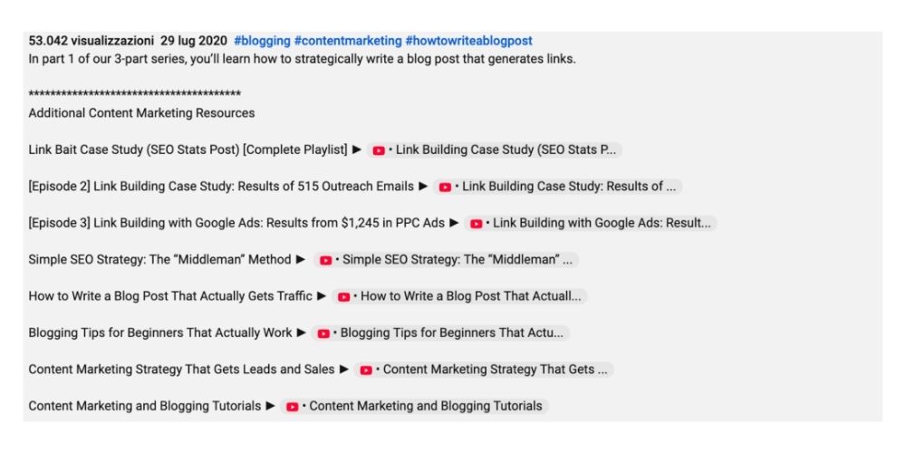 Esempio di descrizione video YouTube con link e tag